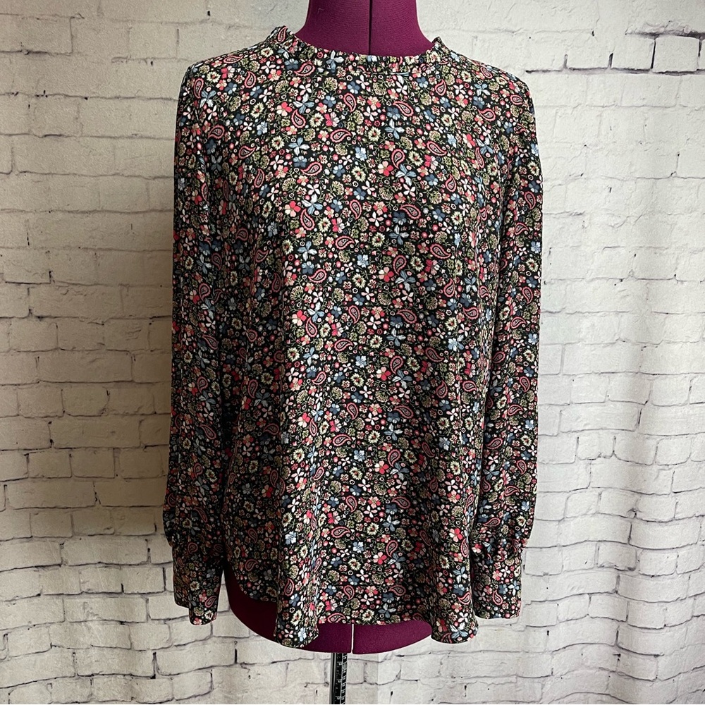 Loft size medium long sleeve blouse black with pink and blue floral and paisley
